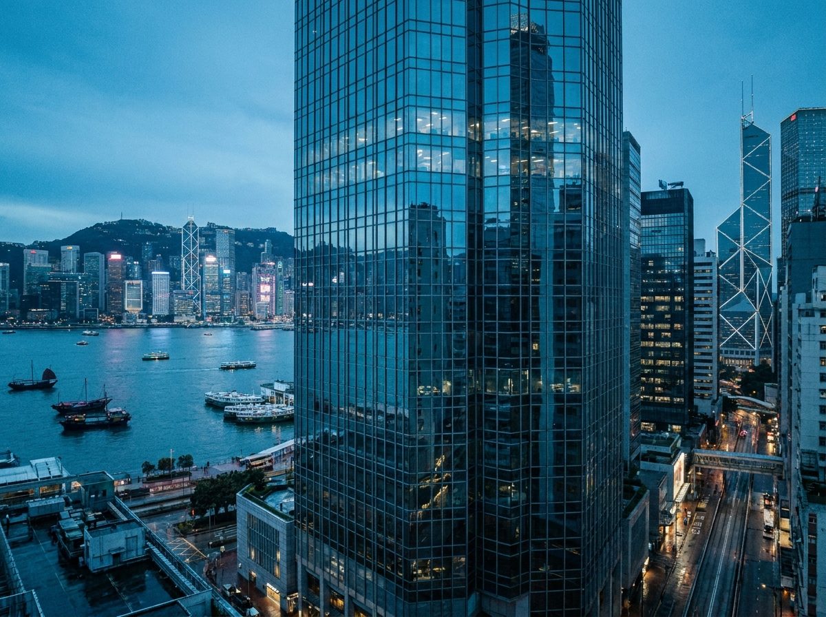 Modern Hong Kong office tower at blue hour with the harbour behind