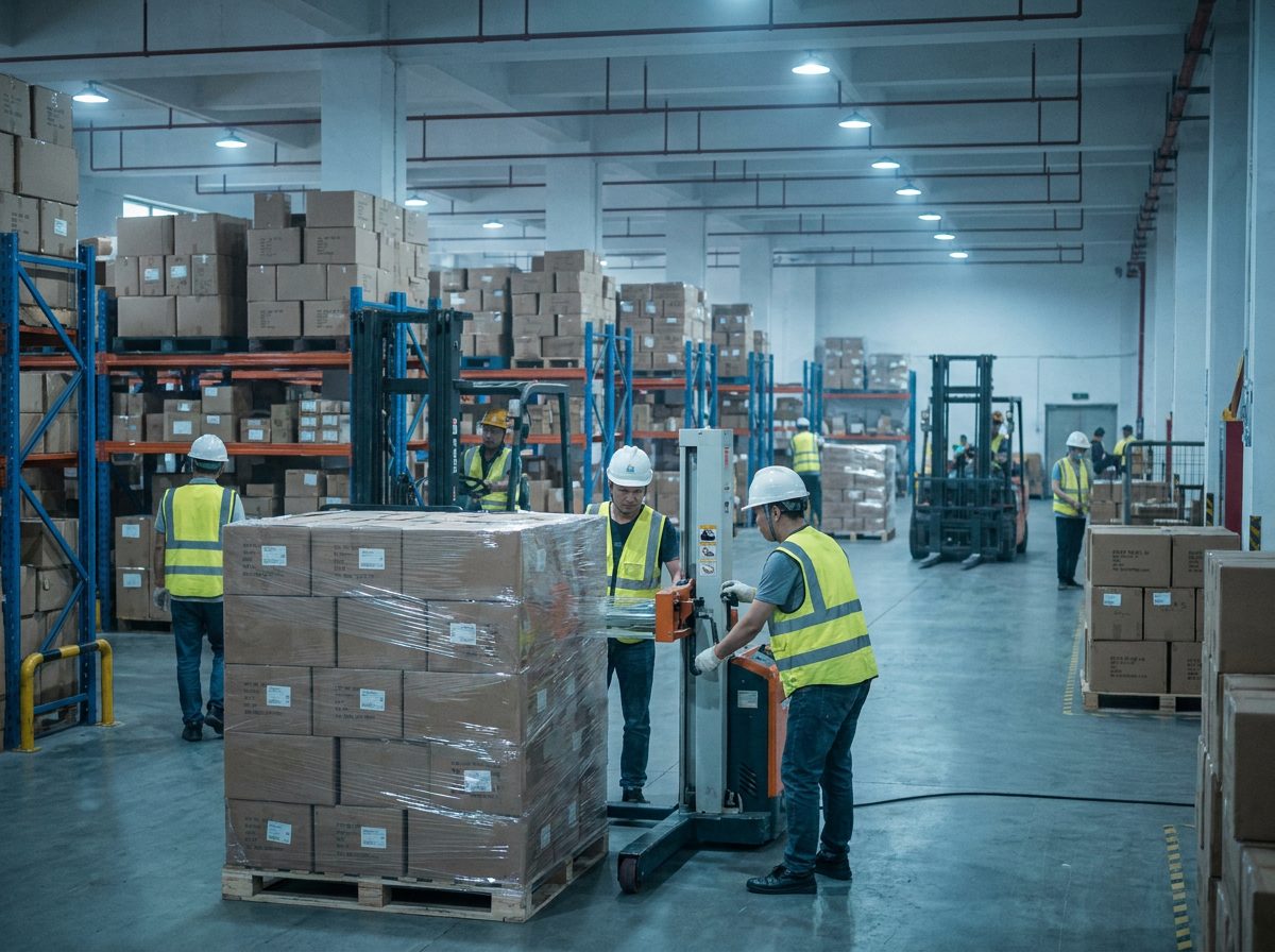 Cargo being consolidated and palletized in a Shenzhen warehouse