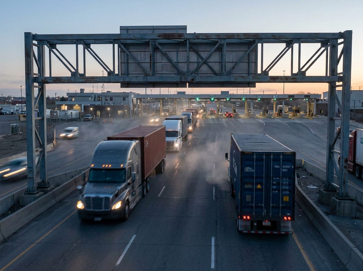 Line of container trucks approaching a border crossing at dusk