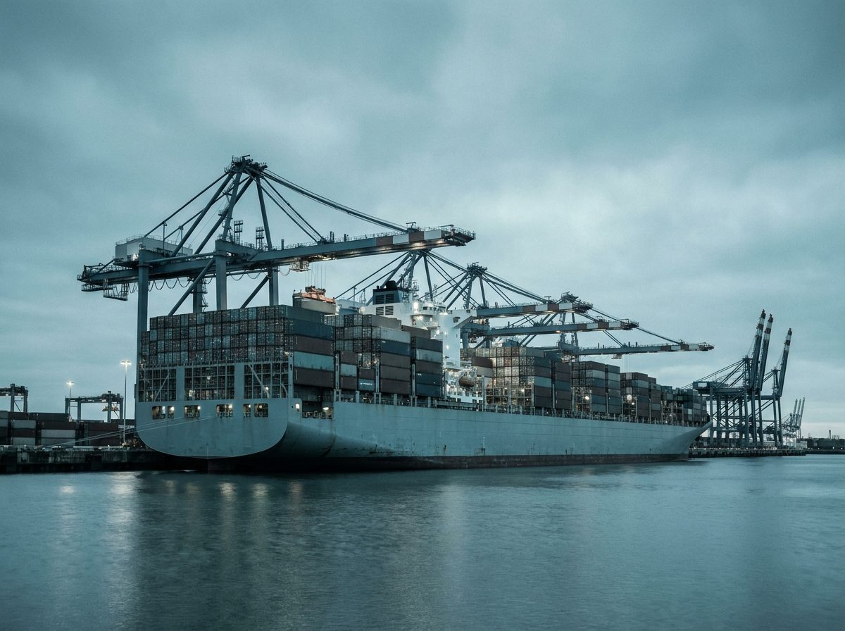 Container ship being loaded at a terminal at dusk