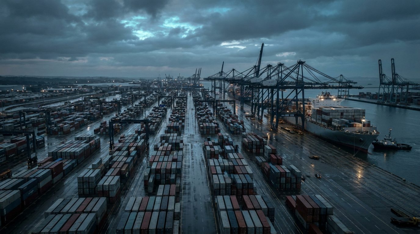 Container terminal at dusk with gantry cranes and a docked vessel