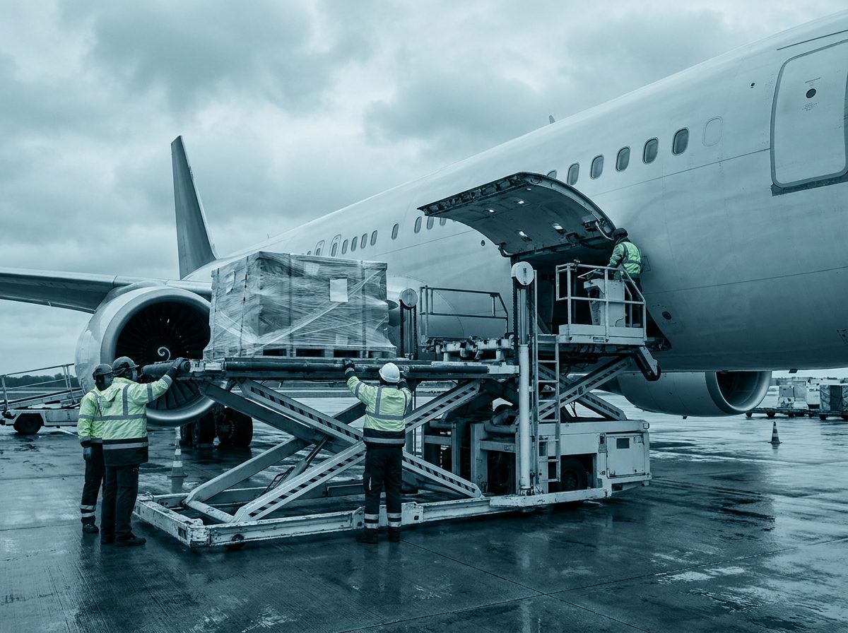 Palletized air freight loaded onto a cargo aircraft on the tarmac