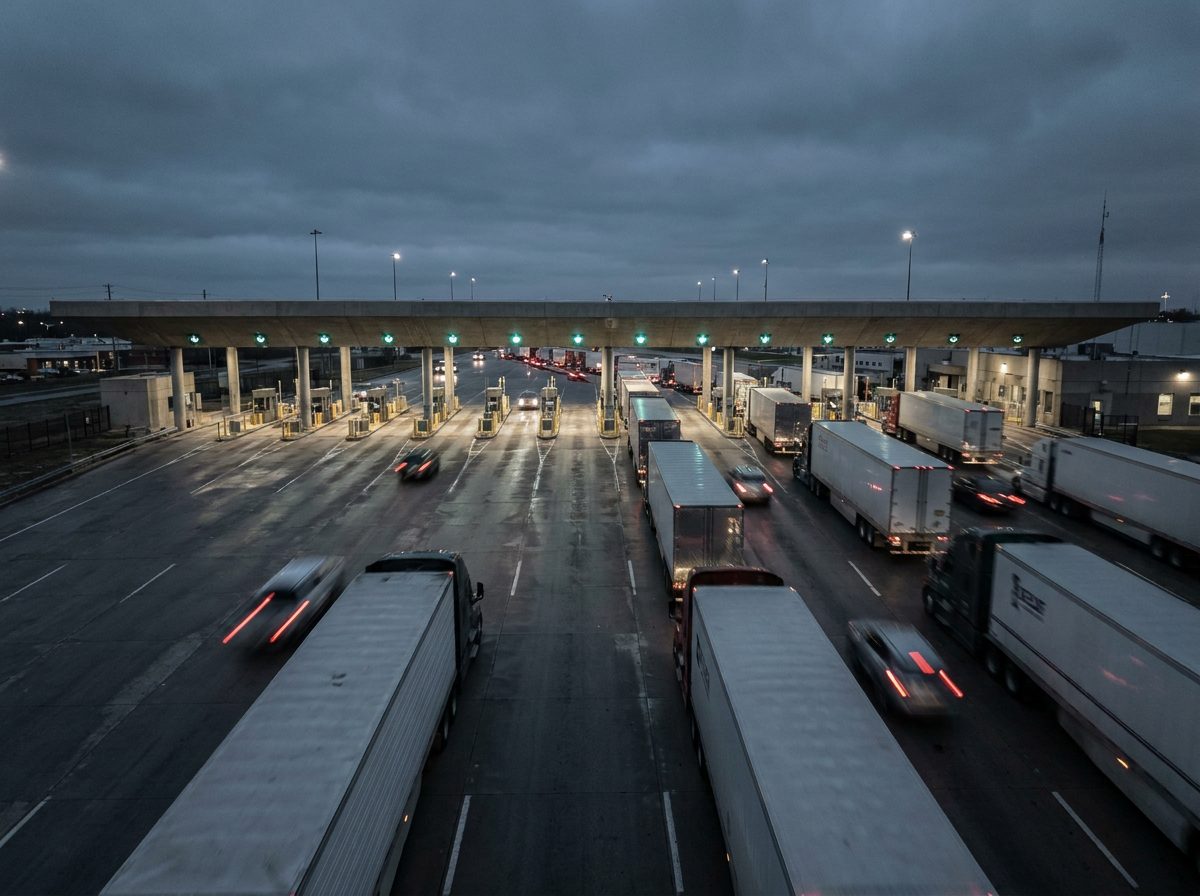 Cross-border cargo trucks queued at a highway border plaza at dusk