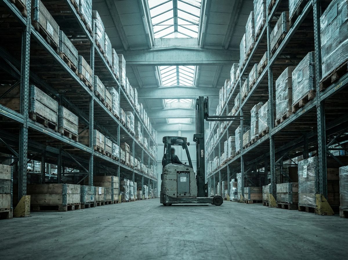 Bonded warehouse aisle with tall pallet racking and a forklift