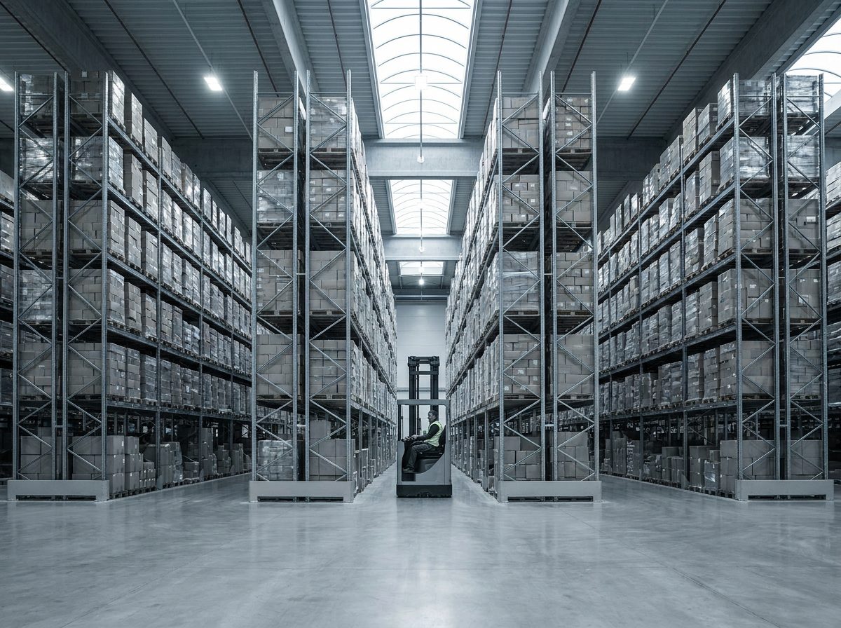 Bonded warehouse interior with racking and palletized cargo